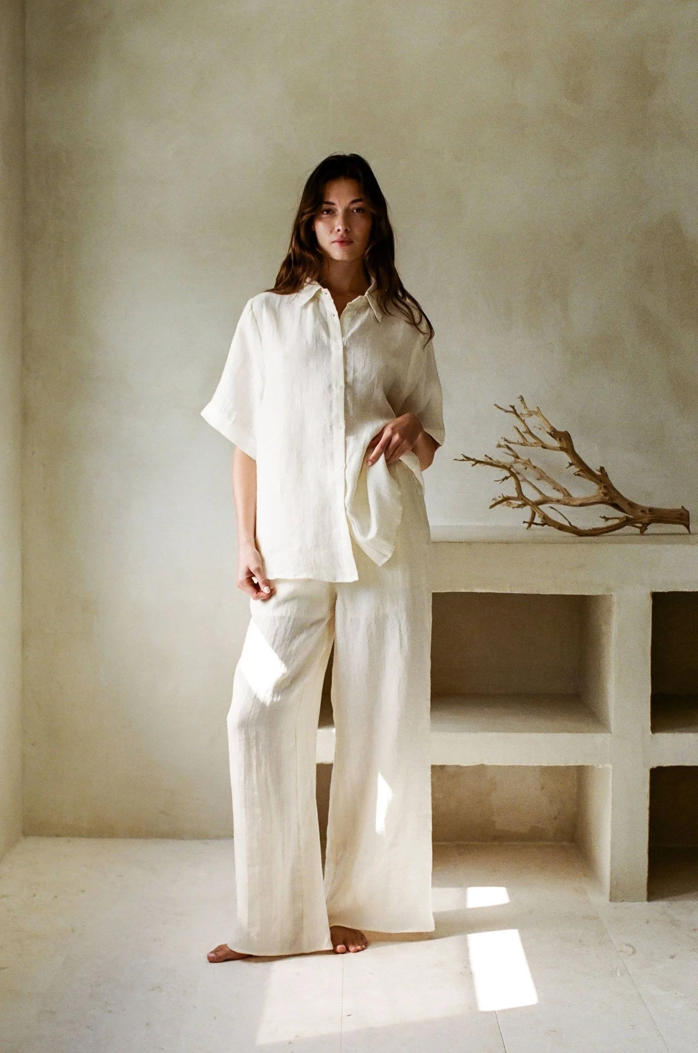 Woven Linen Wide Leg Pants | Off White - Image 3