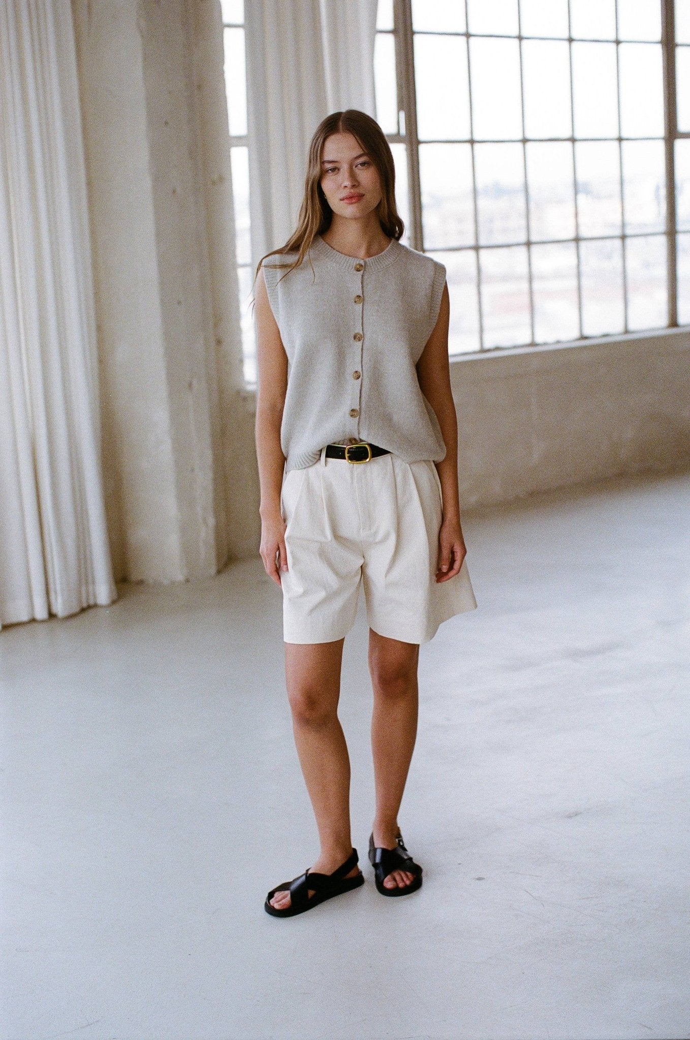 Woven Cotton Straight Leg Short | Off White - Image 3