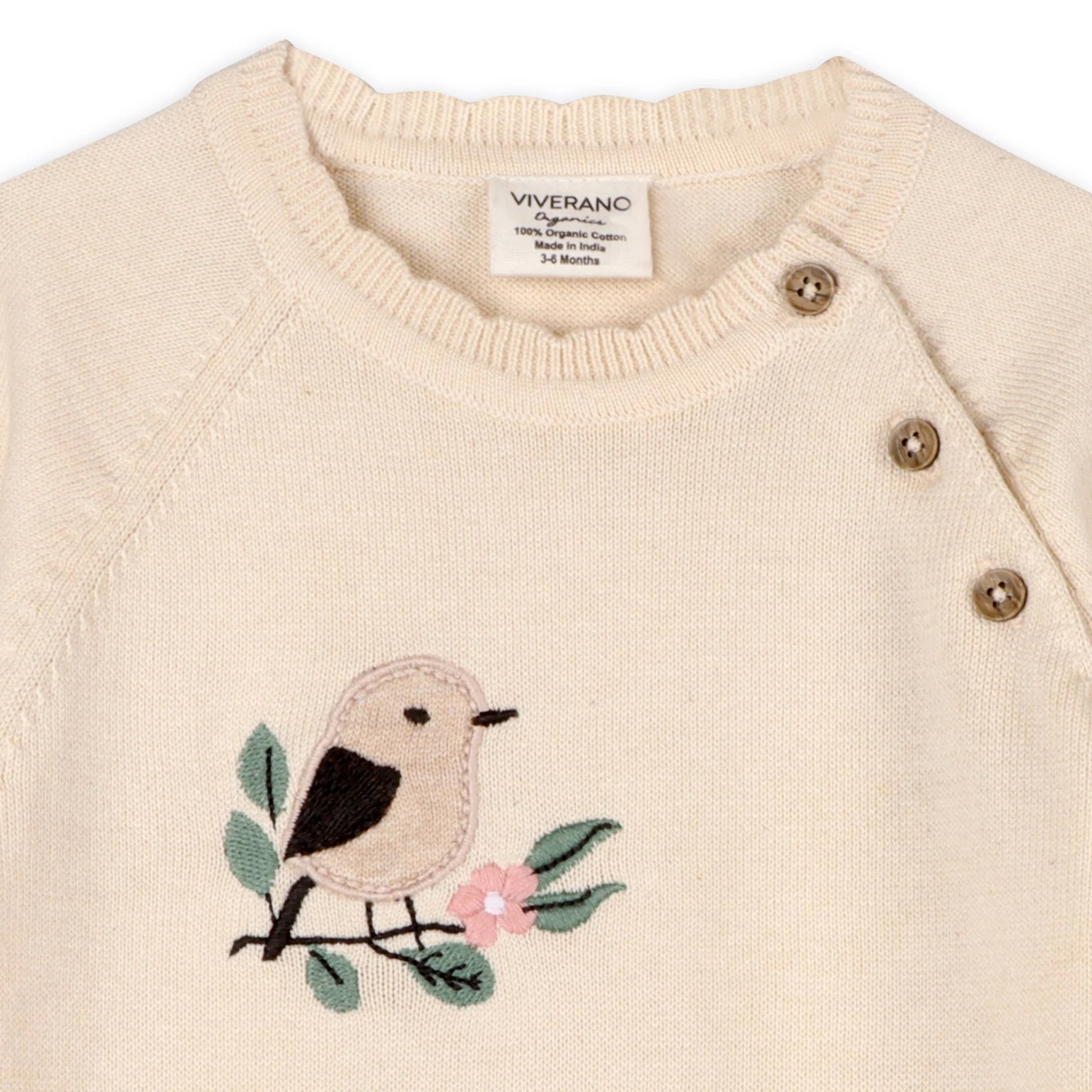 Organic Bird & Floral Embroidered Baby Knit Jumpsuit | Natural - Image 2