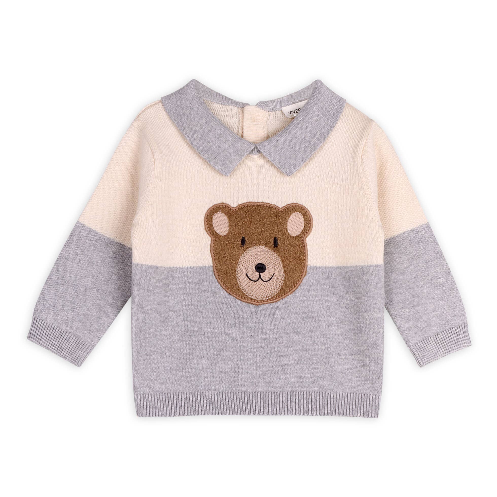 Cuddly Bear Applique Sweater Knit Collar Baby Pullover | Heather Grey - Image 2