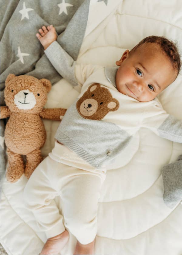 Cuddly Bear Applique Sweater Knit Collar Baby Pullover | Heather Grey - Image 3