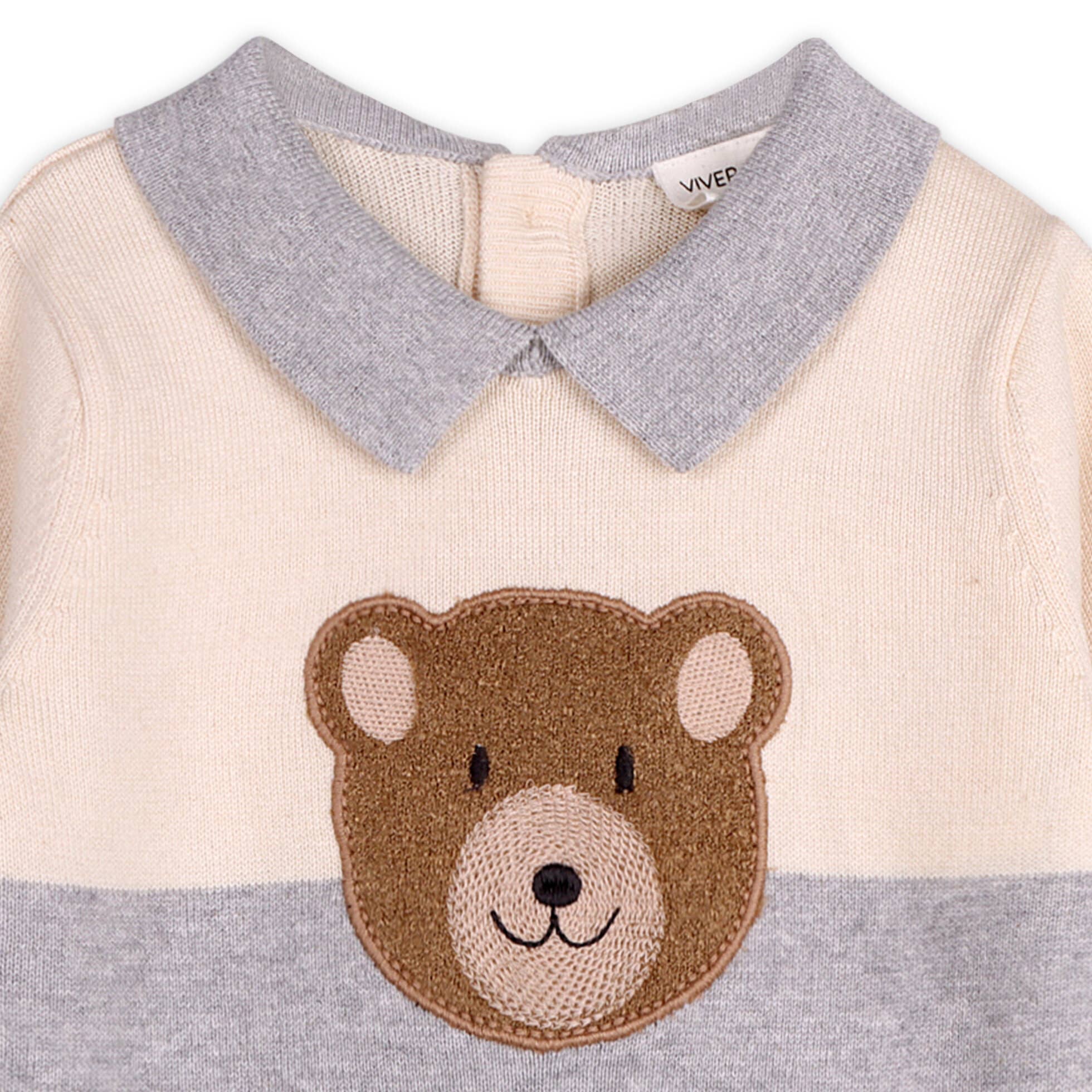 Cuddly Bear Applique Sweater Knit Collar Baby Pullover | Heather Grey - Image 4