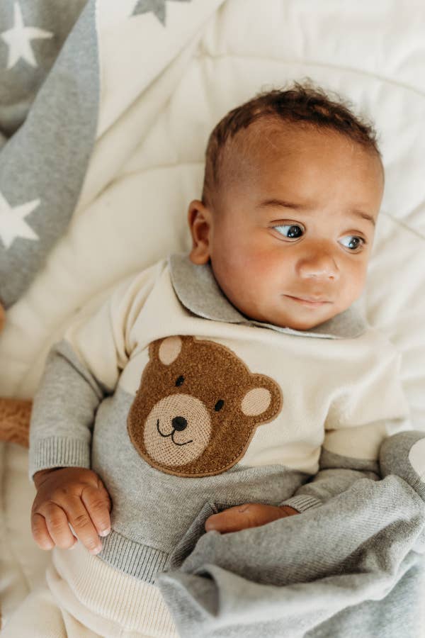 Cuddly Bear Applique Sweater Knit Collar Baby Pullover | Heather Grey - Image 5