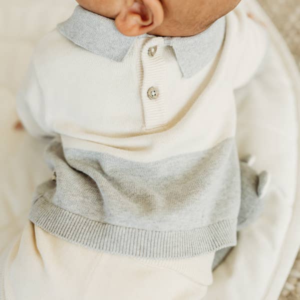 Cuddly Bear Applique Sweater Knit Collar Baby Pullover | Heather Grey - Image 6