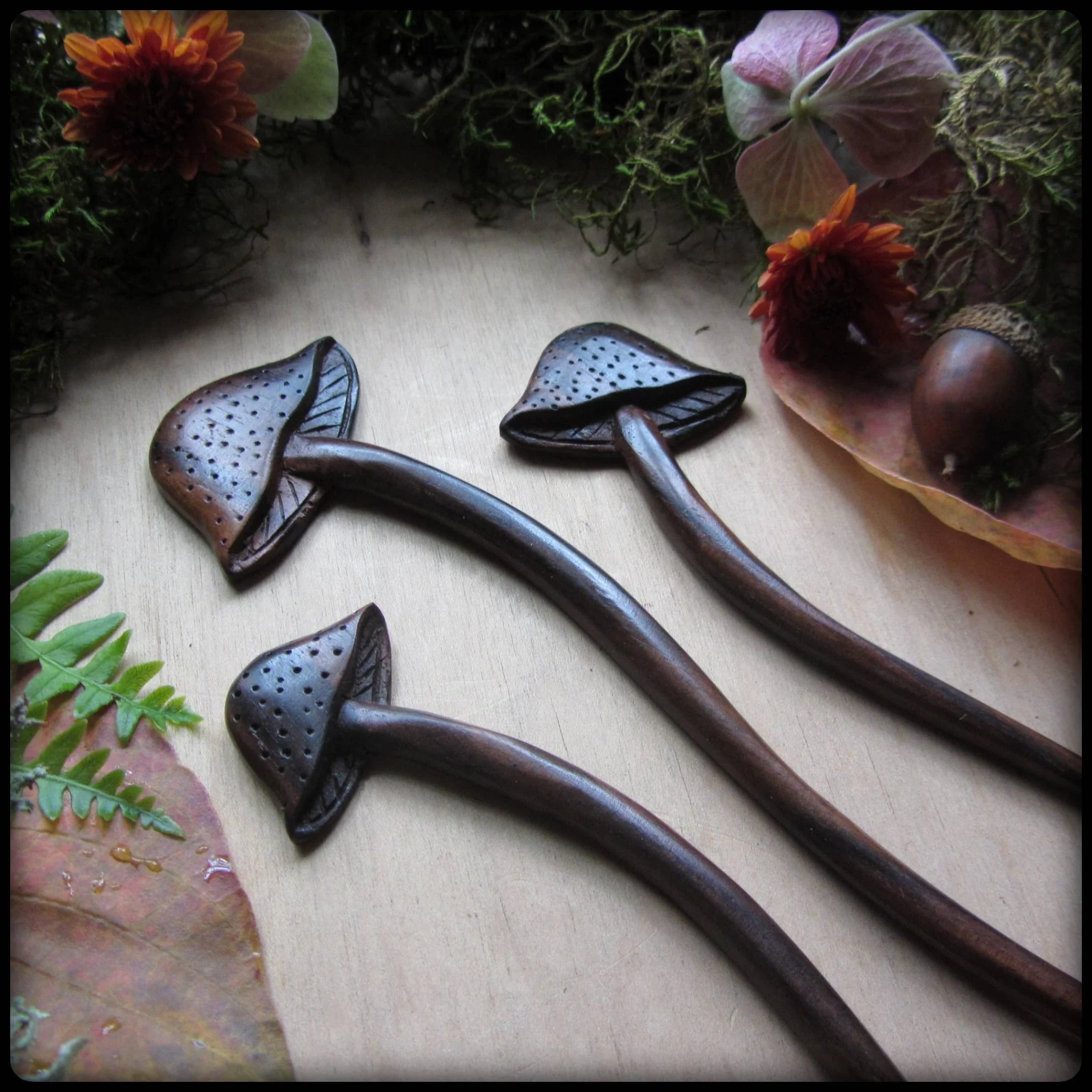 Hand carved wooden mushroom hair stick, the flat version | Medium - Image 5