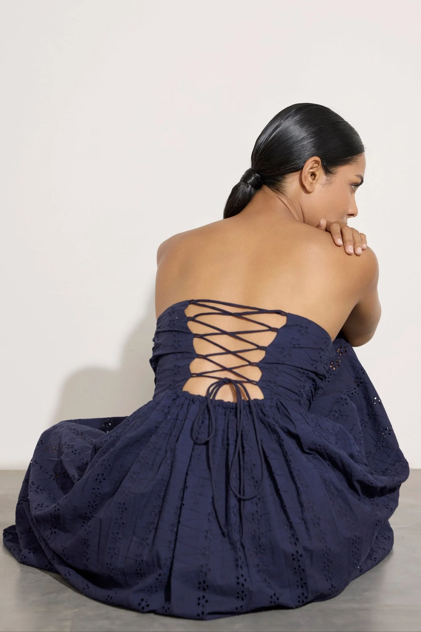 Strapless Tie Back Dress | Navy Lace - Image 5