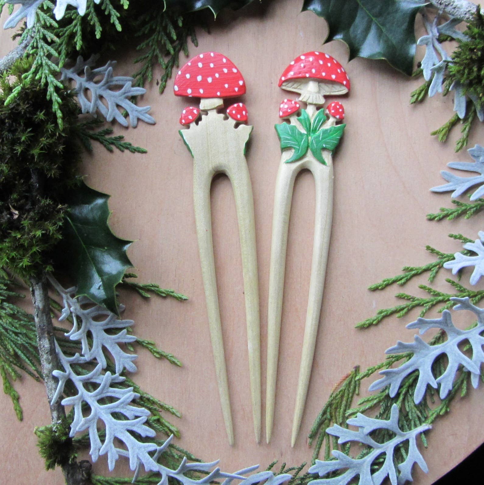 mushroom hair stick carved from wood and hand painted - Image 3