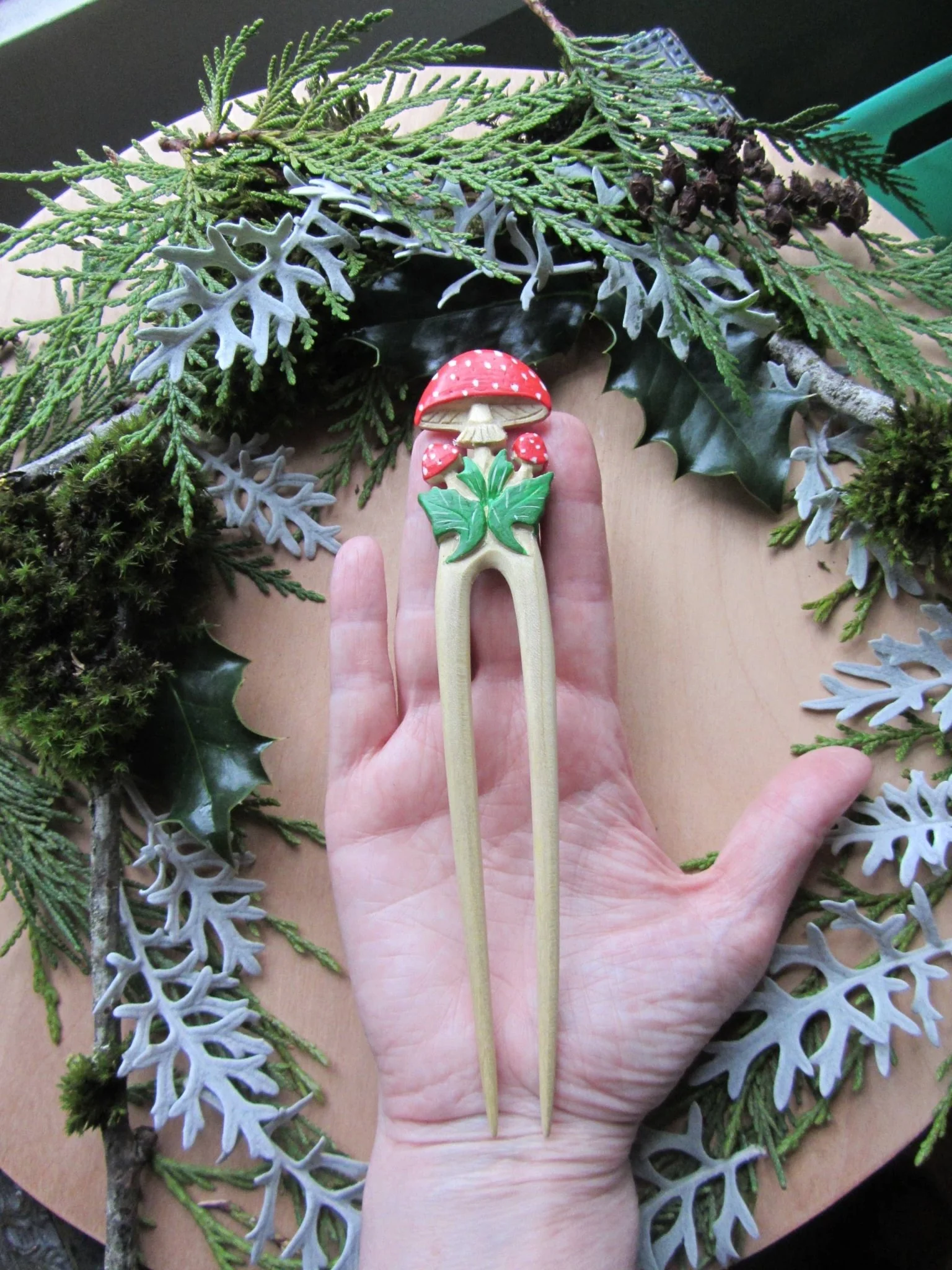 mushroom hair stick carved from wood and hand painted - Image 4