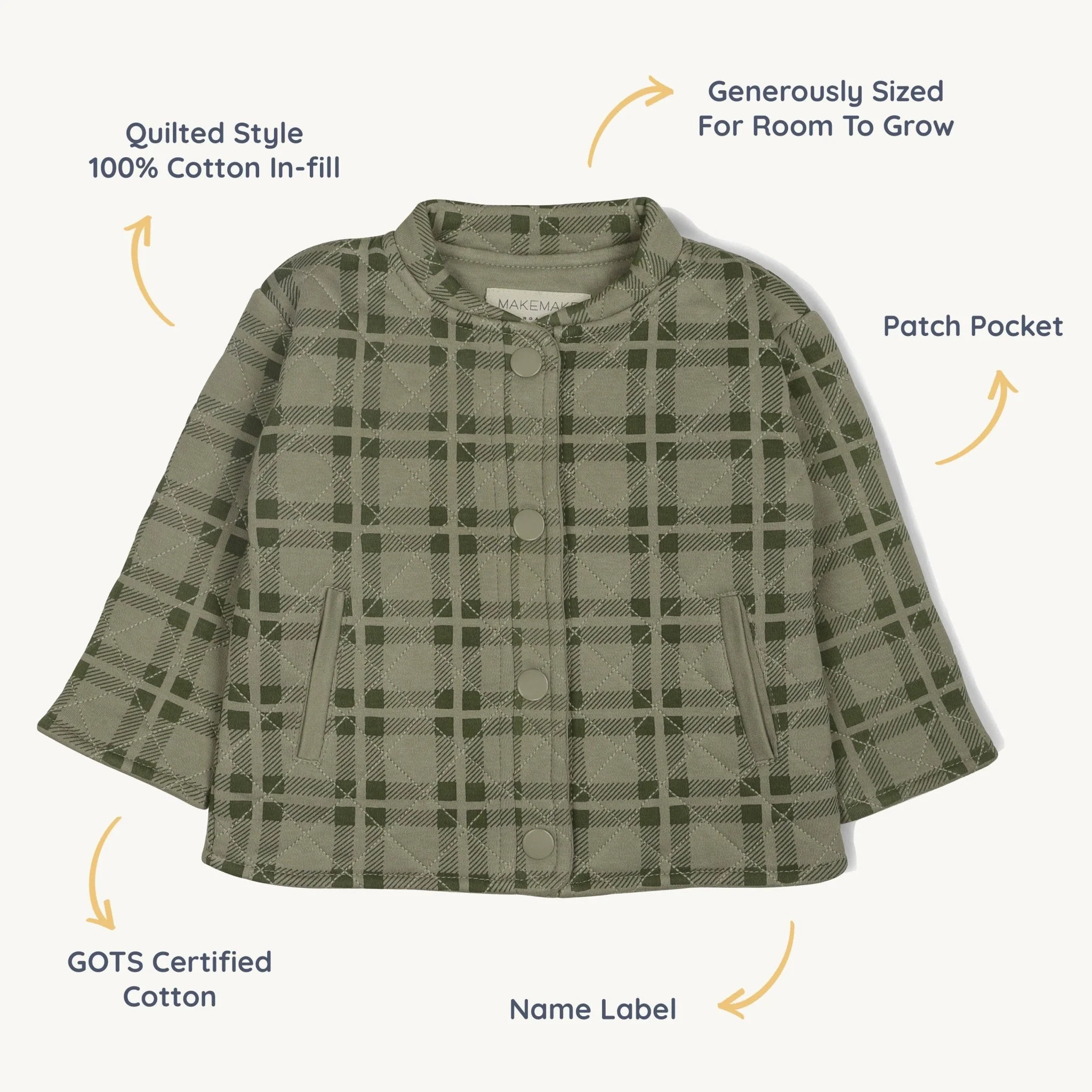 Organic Quilted Button Jacket | Olive Plaid - Image 5