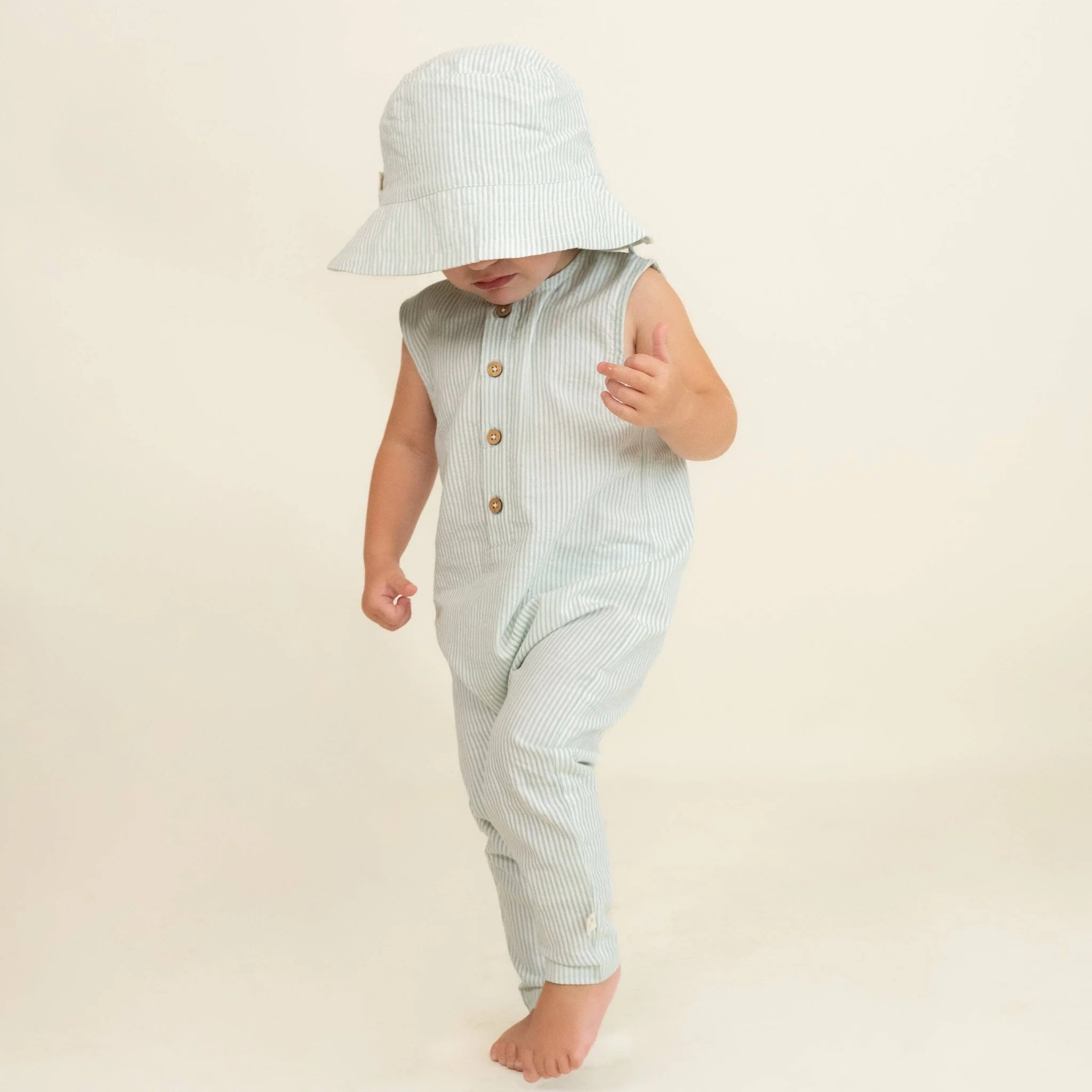 Organic Sleeveless Full Romper | Green Stripes - Image 3