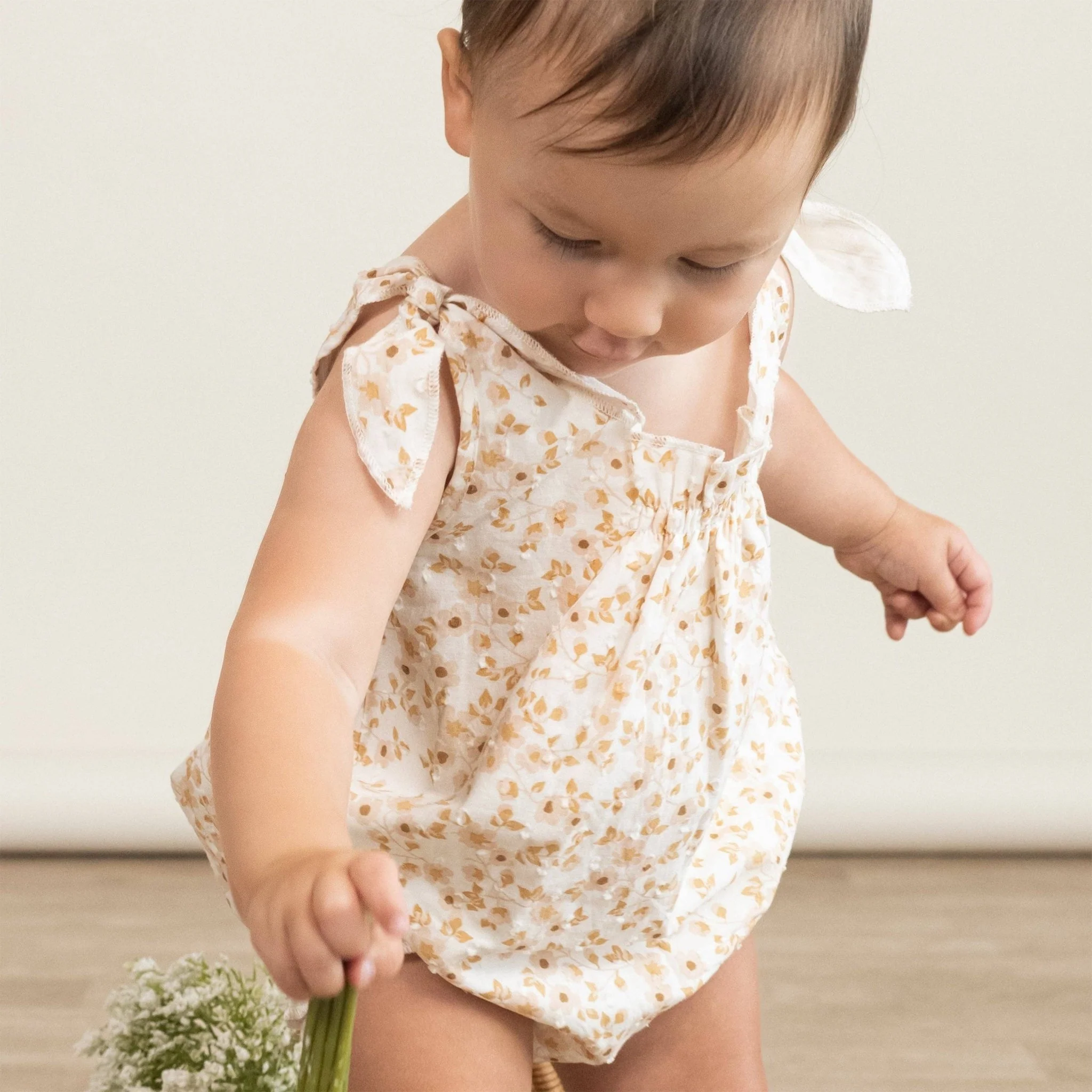 Organic Tie Shoulder Bubble Romper | Gardenia - Image 4