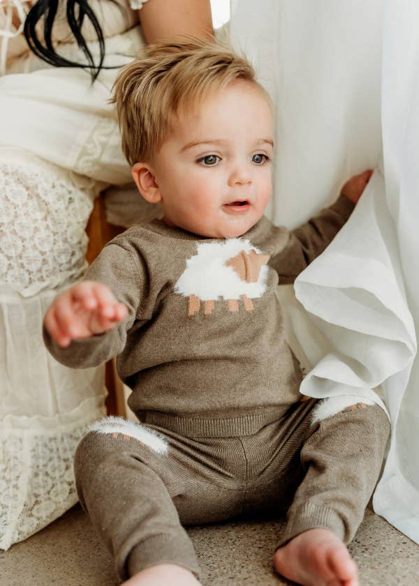 Organic Sheep Jacquard Knit Baby Pullover & Pant Set | Cocoa Heather - Image 10