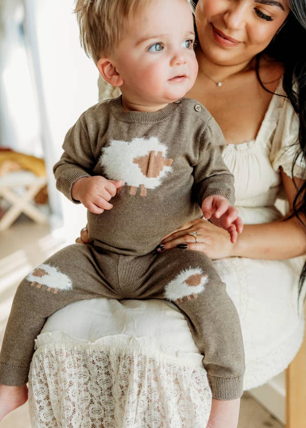 Organic Sheep Jacquard Knit Baby Pullover & Pant Set | Cocoa Heather - Image 11