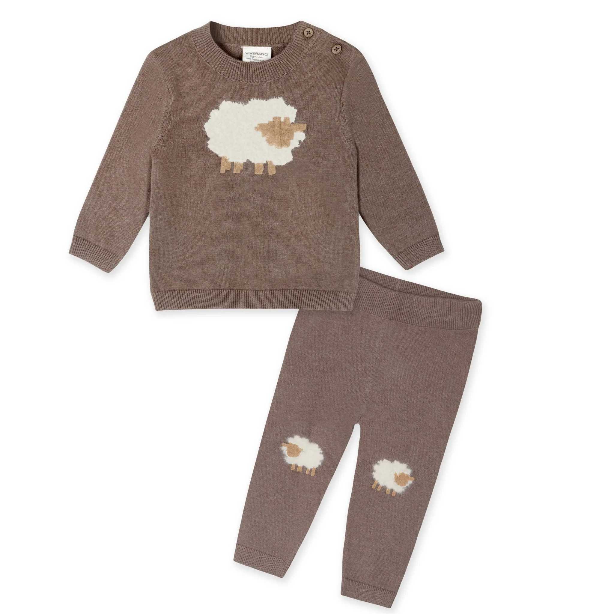 Organic Sheep Jacquard Knit Baby Pullover & Pant Set | Cocoa Heather - Image 2