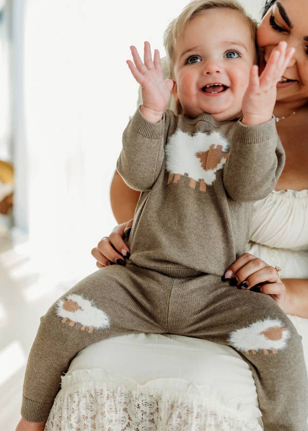Organic Sheep Jacquard Knit Baby Pullover & Pant Set | Cocoa Heather - Image 9