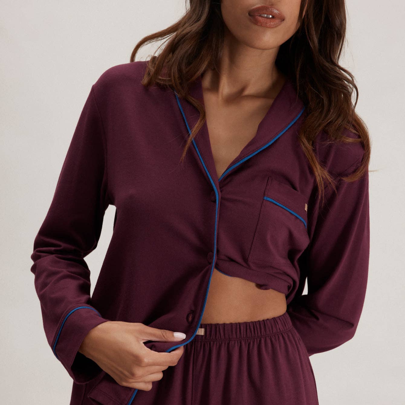 Slumberknit™ Shawl Collar Button Down Pant Set | Calliope Wine & Royal Lagoon - Image 4